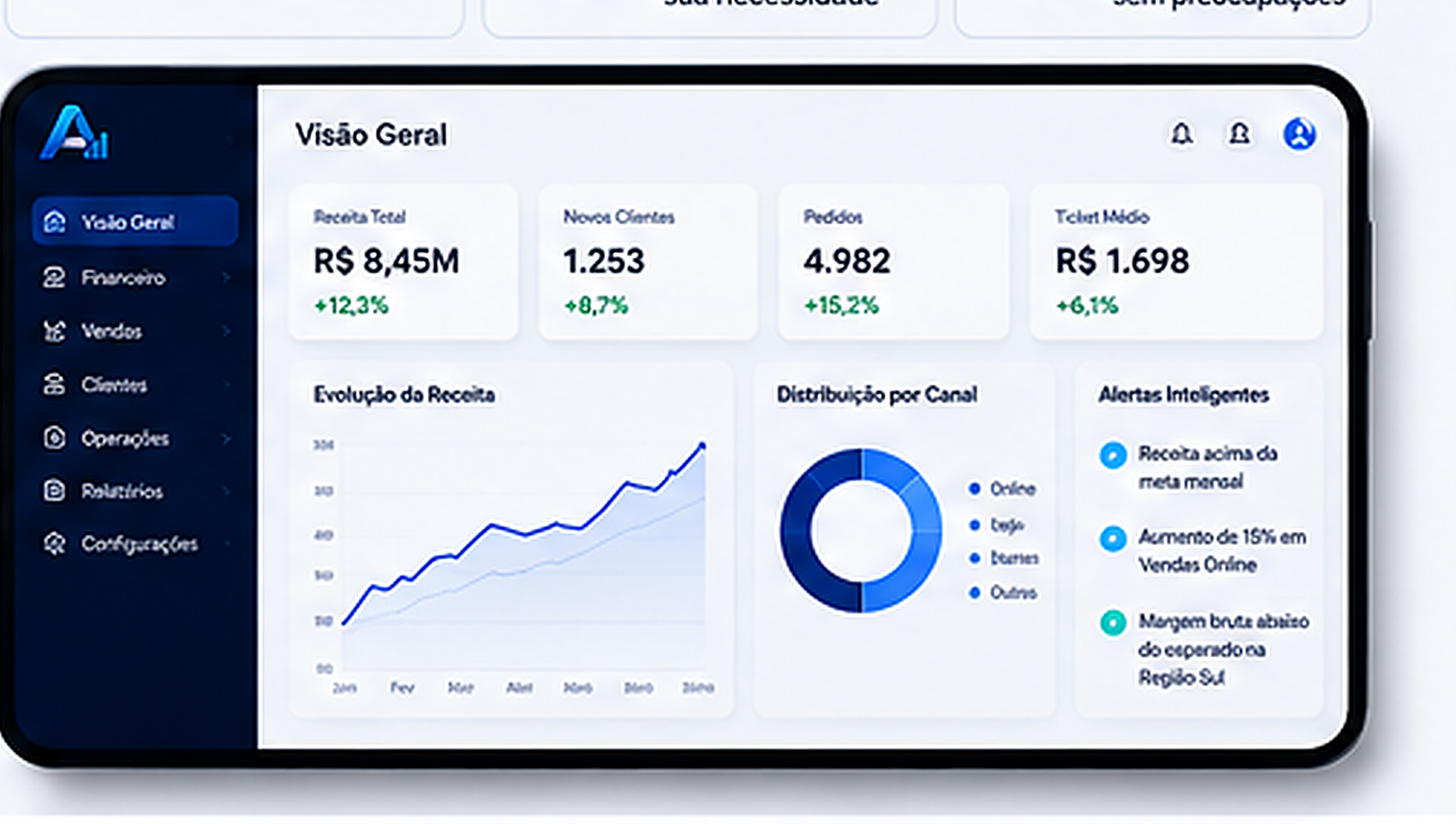 Aplicativo da Alicerce Analytics mostrando visão geral com receita, novos clientes, pedidos e alertas inteligentes